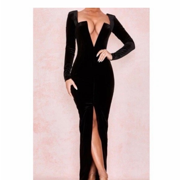 House of CB Charlotte black velvet deep plunge maxi dress sz small evening sexy - Picture 3 of 10